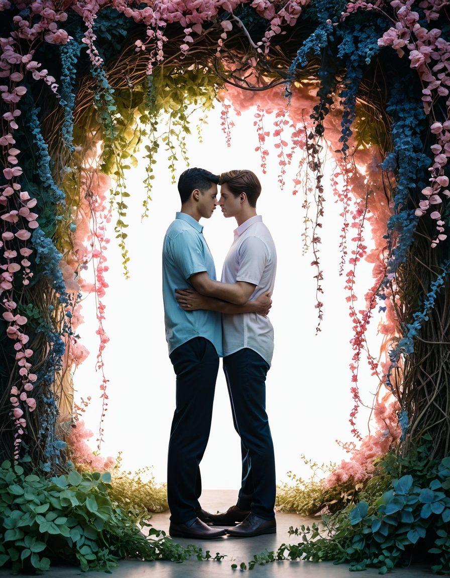 A surreal scene depicting two men, one leaning in closer to the other, with a backdrop of intertwining vines symbolizing deepening relationships. Elements of warmth and tension in the air, as muted hearts float around them, illustrating the transition from friendship to love. The setting should have soft diffused lighting to capture the intimacy of the moment. A gentle color palette of pinks and blues to evoke emotion. dreamy art style. soft focus.