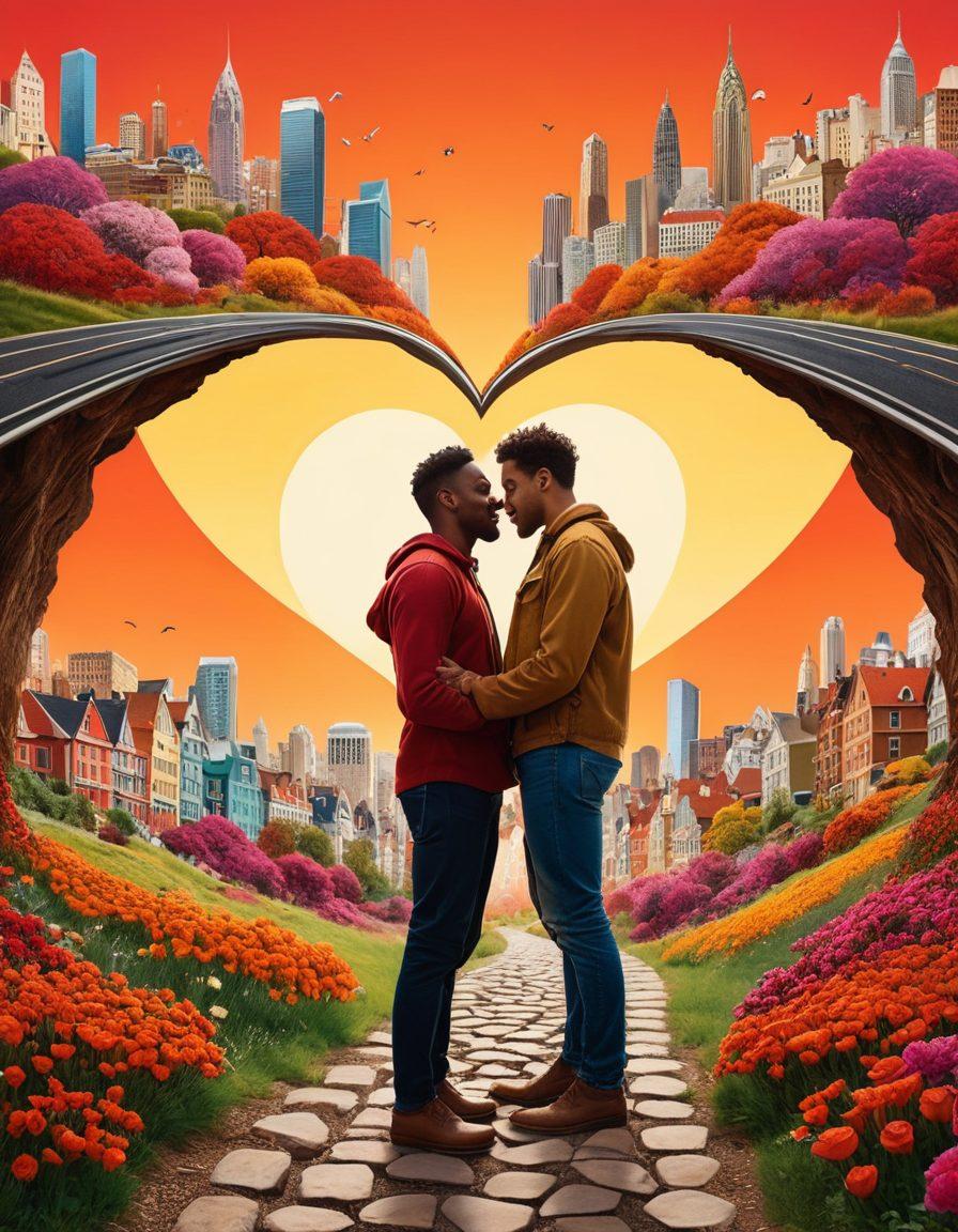A captivating collage showcasing diverse straight men in intimate moments of discovery and romance, set against a backdrop of vibrant cityscapes and serene natural landscapes. Each man reflects various emotional expressions, from curiosity to joy, while symbols of love like heart shapes and whimsical paths intertwine around them. The scene is filled with warm, inviting colors to evoke a sense of adventure and connection. super-realistic. vibrant colors. 3D.